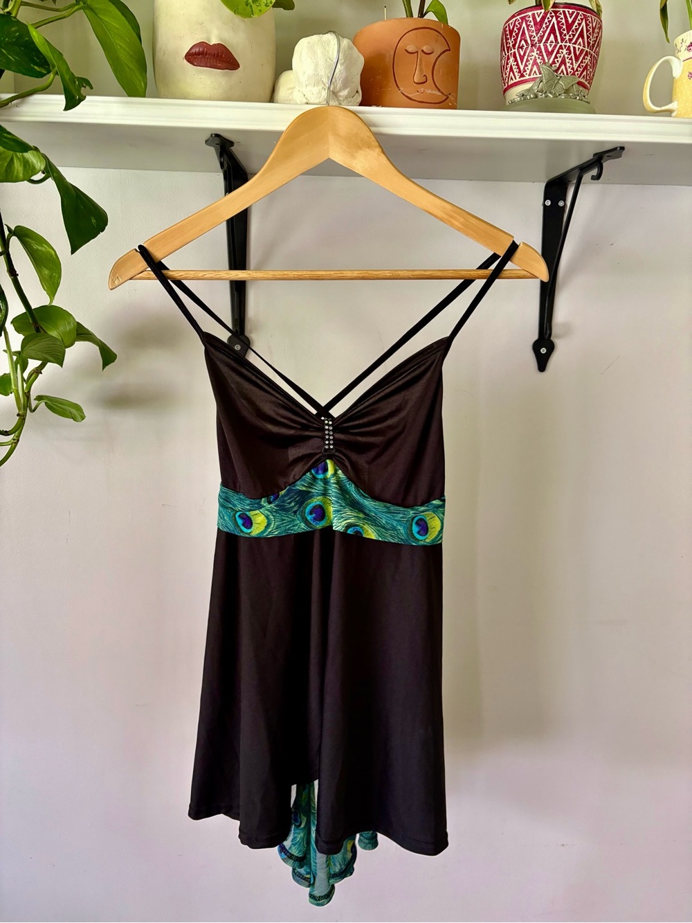Peacock-Trim Black Cami with Strappy Back